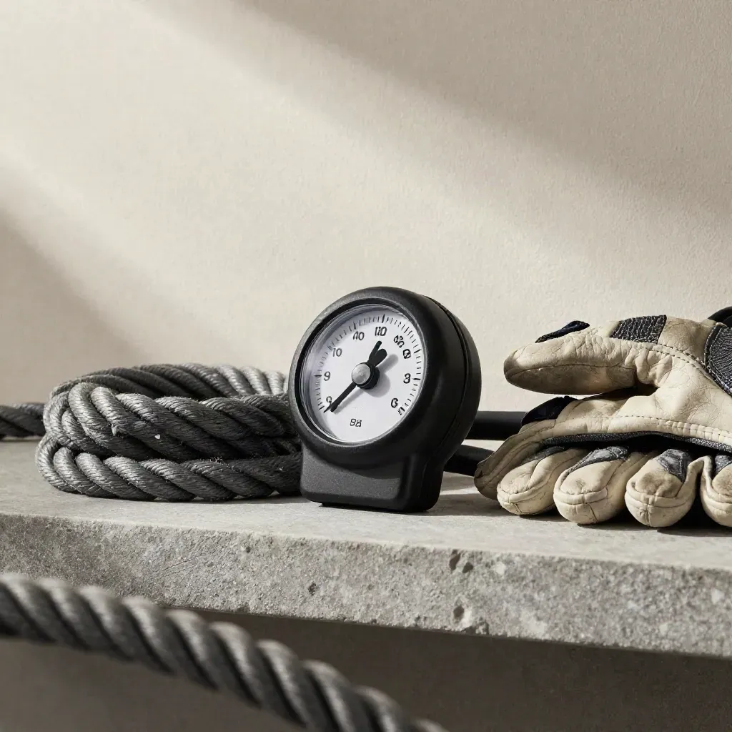 Timer bokserski, zwinięta lina i owijkowane tarcze na kamiennej półce w miękkim świetle.
