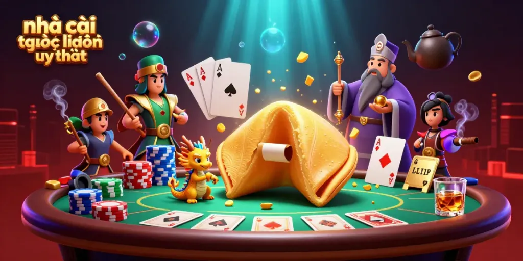 Experience thrilling bets with nhà cái trực tuyến uy tín as wise dragon guides fortune, surrounded by poker elements.