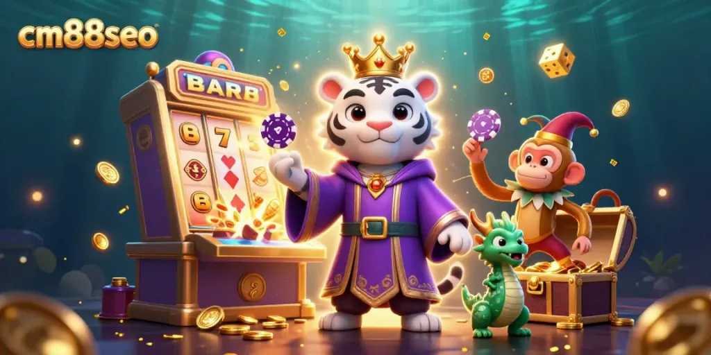 Experience thrilling casino action with cm88seo's vibrant 3D casino illustration featuring a dynamic jackpot scene.