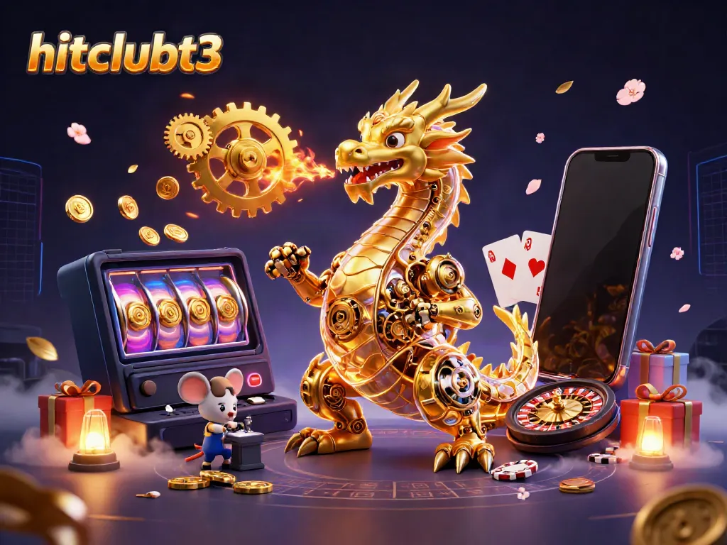 Experience the thrill of hitclubt3 with a golden dragon and a mouse engineer surrounded by casino games.