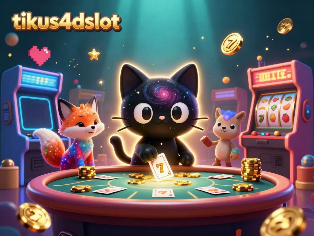 Experience thrilling fun at tikus4dslot with this vibrant cosmic casino scene featuring a black hole cat and nebula fox.