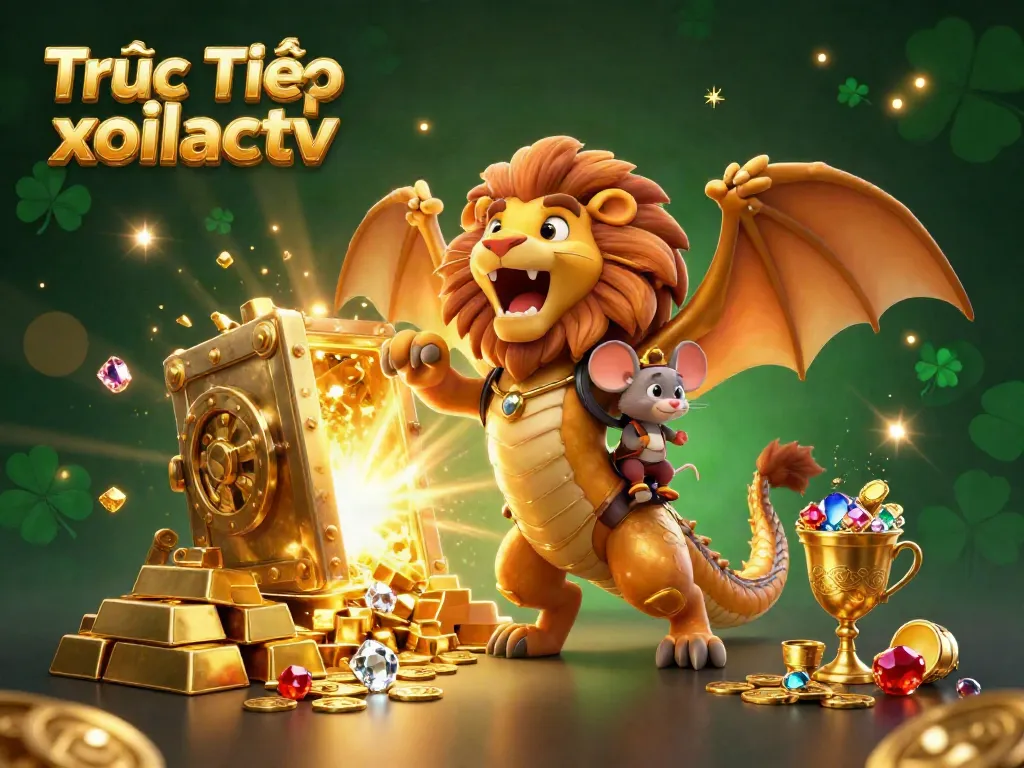 Experience the thrill of Trực Tiếp xoilactv with a vibrant 3D scene full of treasure and dynamic elements, celebrating sports betting.