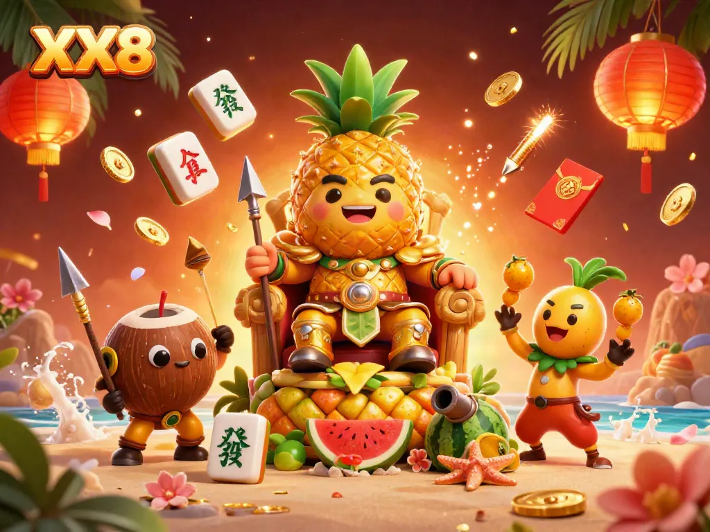 Experience the tropical thrills of XX8's beach casino, featuring a golden pineapple king and vibrant gaming elements.