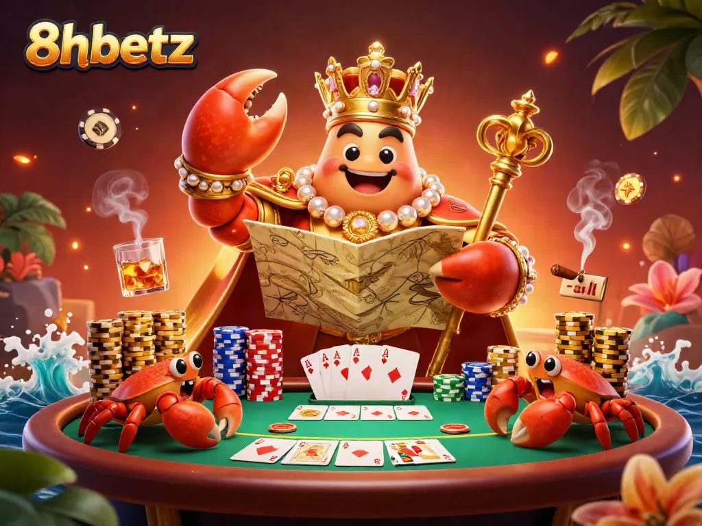 Engage with 8xbetz in an immersive 3D casino scene featuring a golden crab emperor and vibrant poker elements.