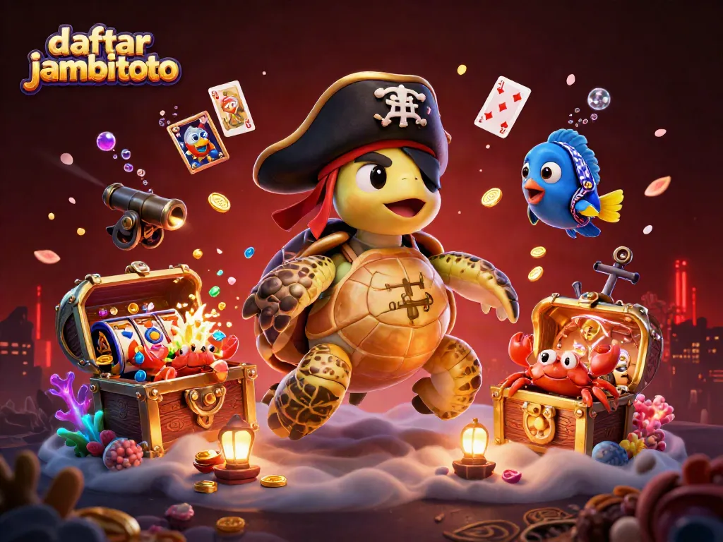 Engage in vibrant casino play with daftar jambitoto featuring a pirate turtle, golden hermit crab, and colorful elements