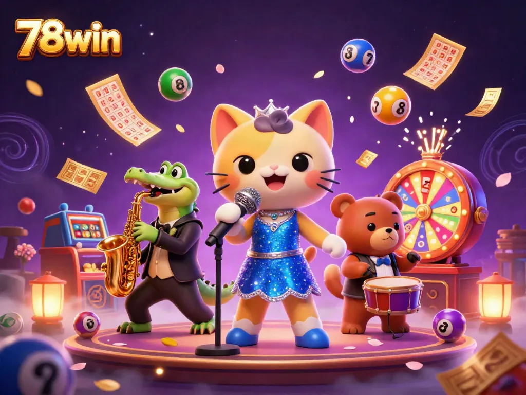 Engage in thrilling lottery fun with 78win, featuring animated characters and vibrant games.