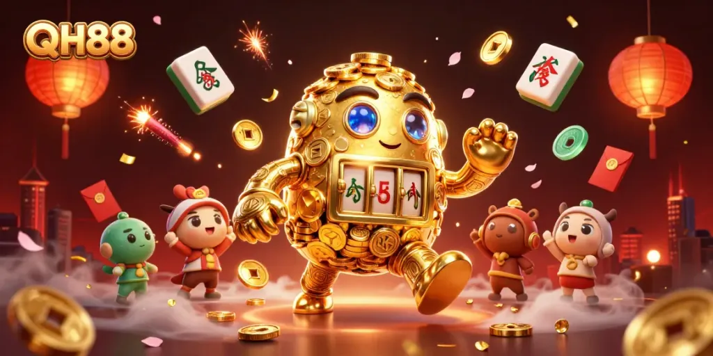 Experience thrilling gaming at QH88 with a vibrant 3D illustration showcasing golden casino elements and festive decorations.