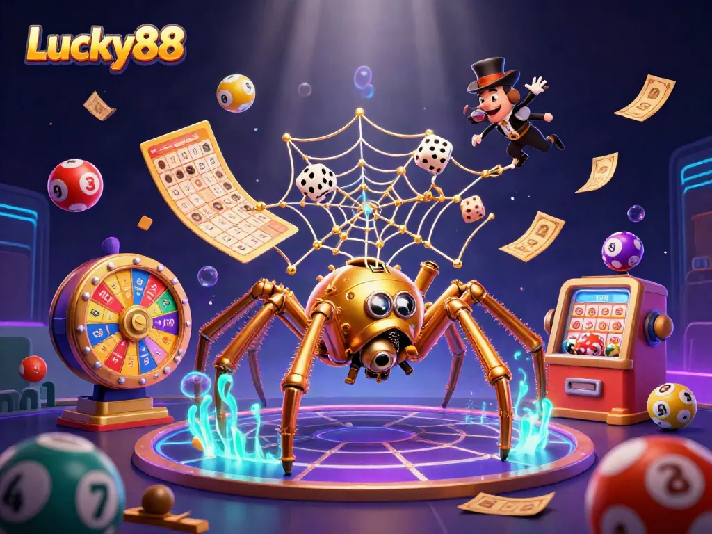 Engage with Lucky88's dynamic gaming world featuring colorful casino elements and a whimsical 3D scene.