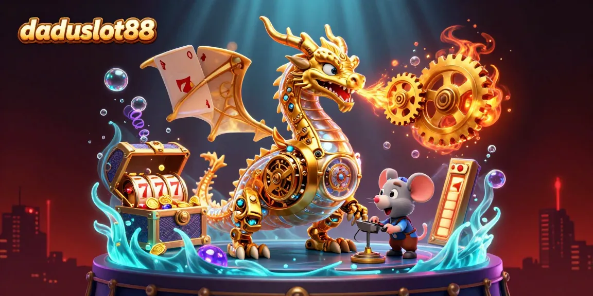 Menang bersama daduslot88 dalam ilustrasi kasino bertema slot yang memukau dengan naga emas dan harta karun.