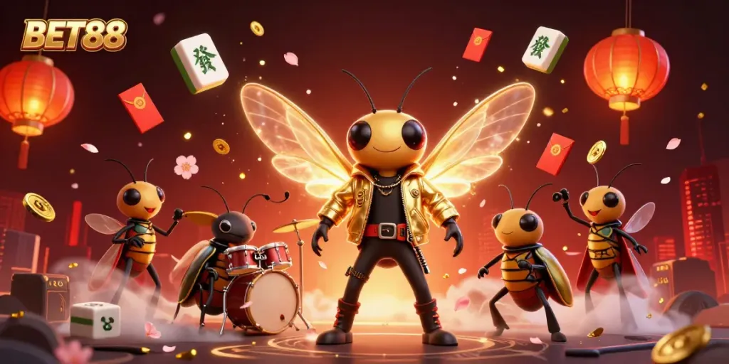 Experience the world of BET88 through a vibrant casino-themed illustration with animated characters and rich game elements.