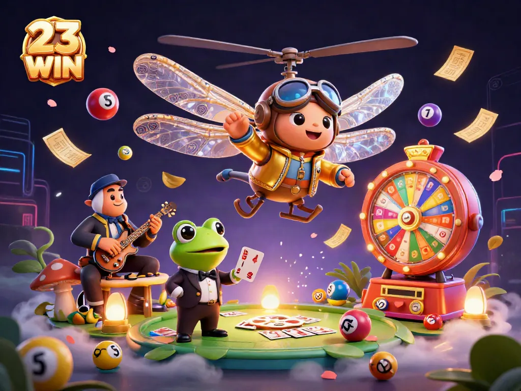 Play and win with 23 WIN as a dragonfly pilot and frog dealer amid vibrant casino action.