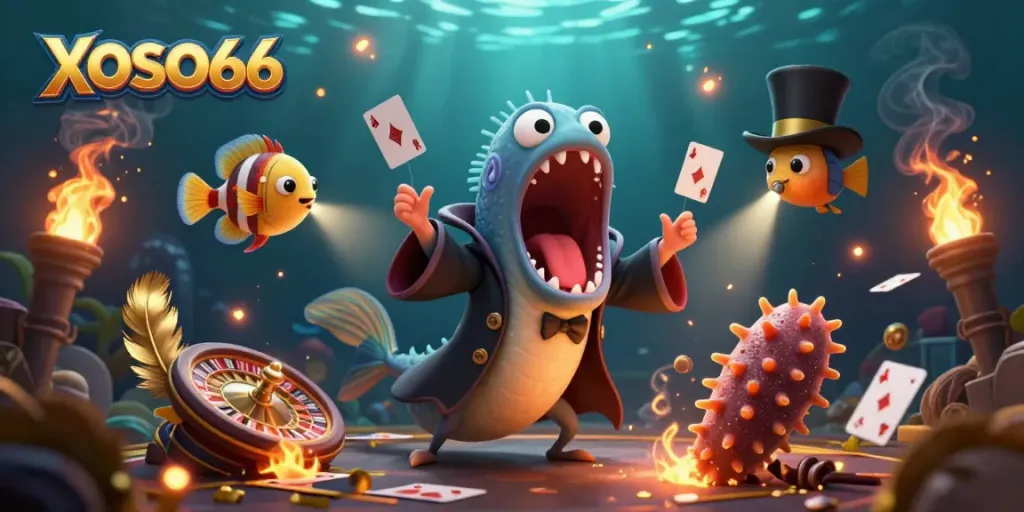 XOSO66 showcases a magical scene with creatures performing casino tricks, highlighting excitement.