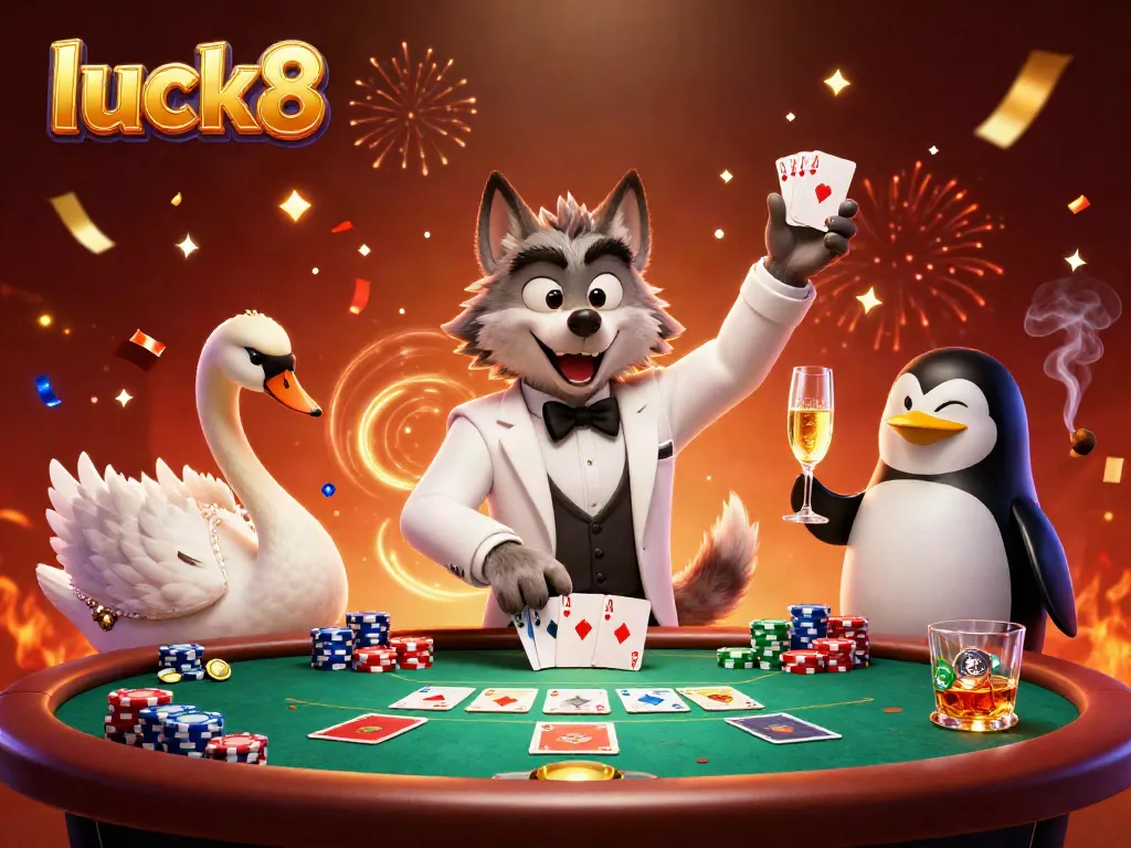 Engaging scene of luck8 with cartoon characters at a baccarat table, showcasing vibrant casino action.