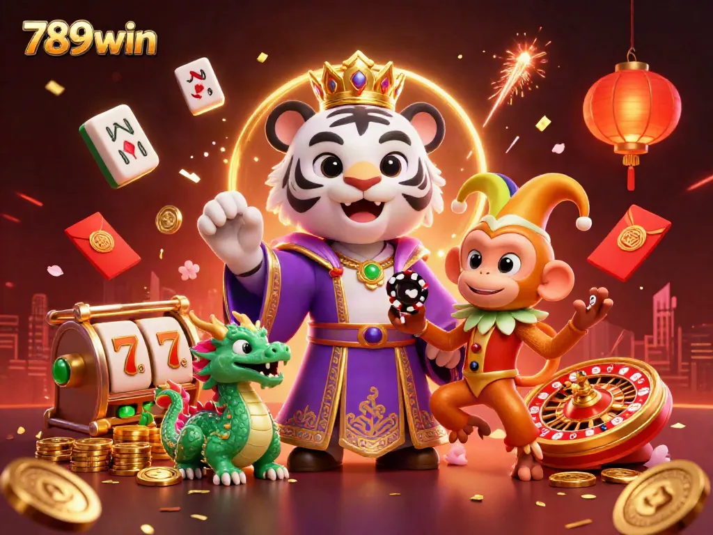 Experience the thrill of 789win with a vibrant casino scene featuring animated tiger, monkey, and jade dragon.