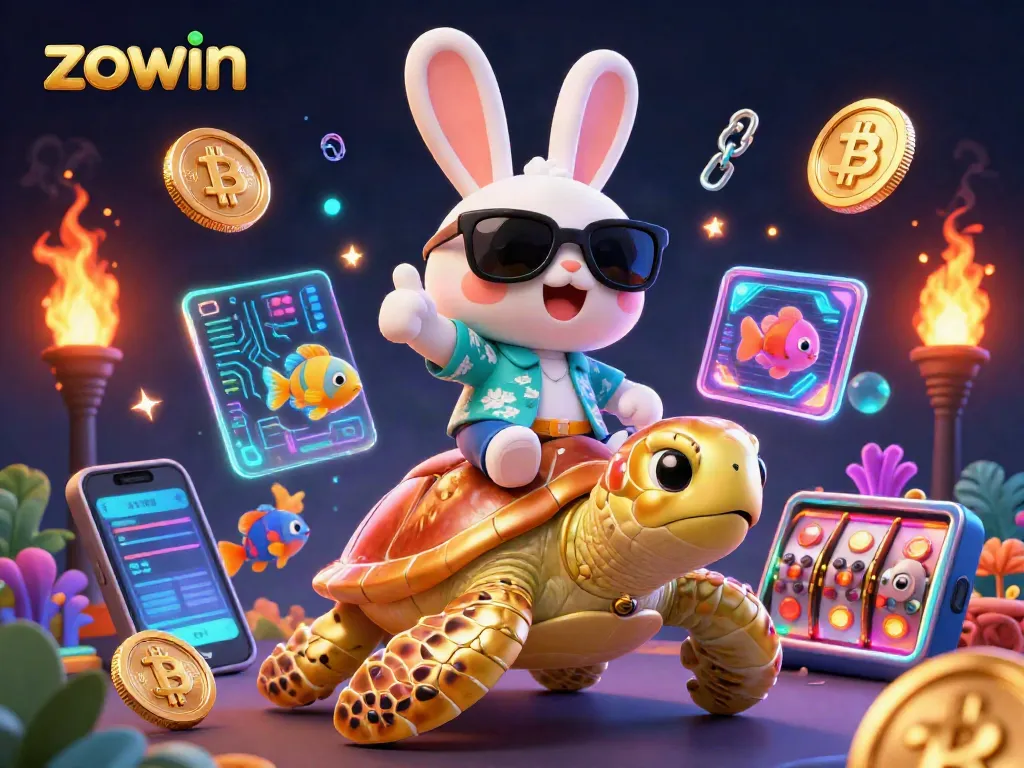Experience thrilling gameplay at zowin with a fun cartoon rabbit and golden turtle in a vibrant casino scene.