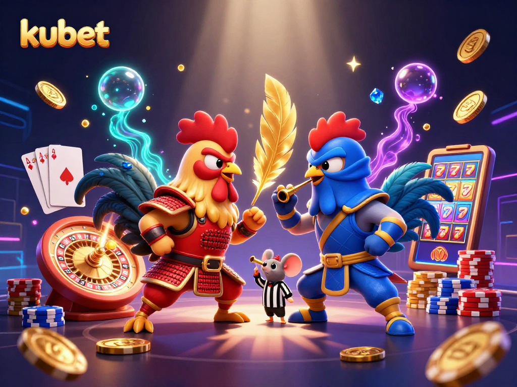 Engage with kubet's thrilling atmosphere in a cartoon scene with roosters and gambling elements.