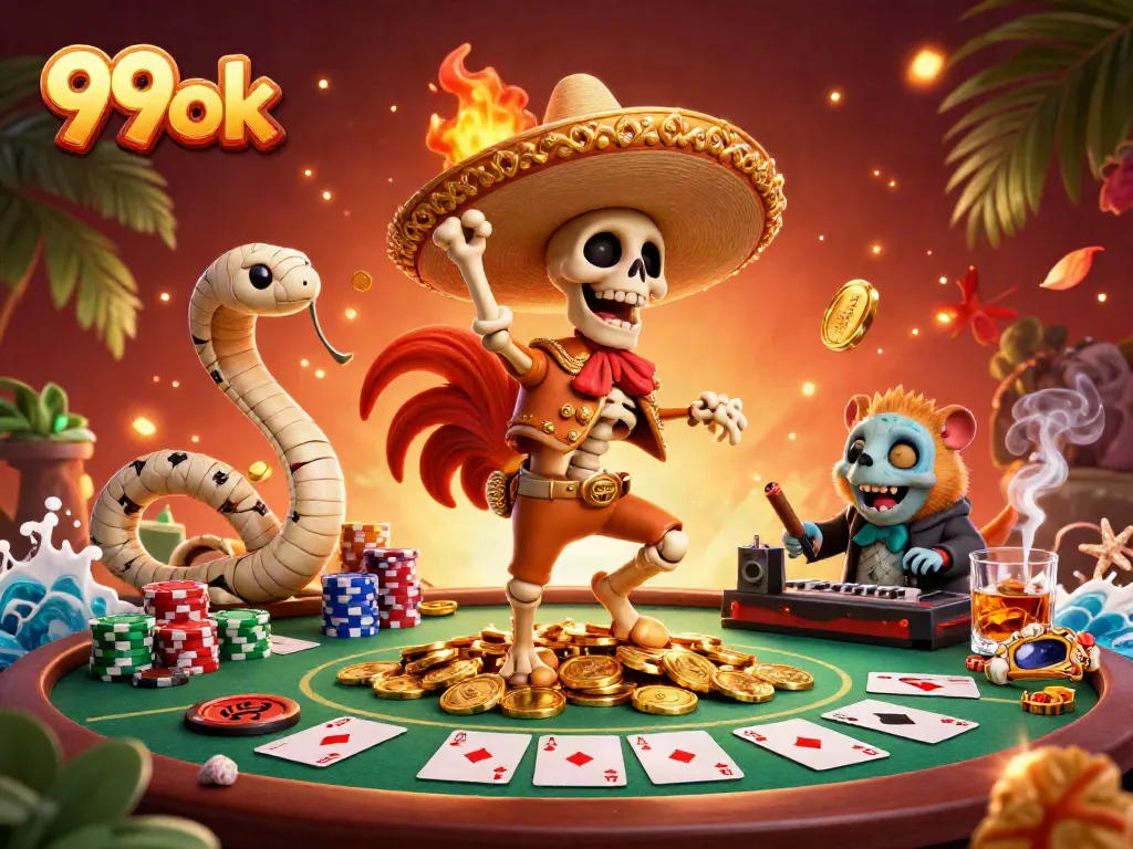 99ok celebrates thrilling victories with 3D characters amidst colorful casino elements and golden coins.