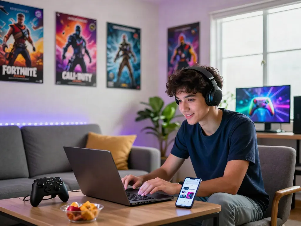 Engaging scene of shopping for gaming merchandise on warung168, showcasing vibrant products and a cozy setup.