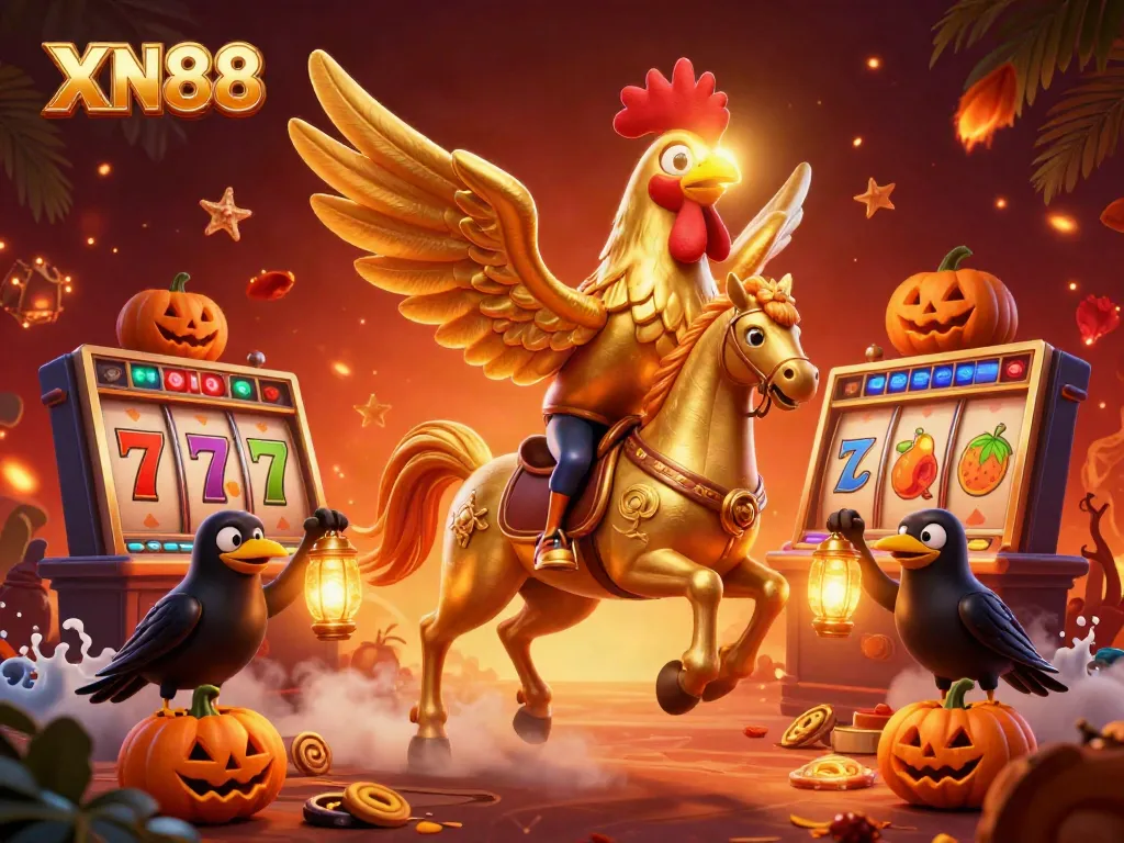 Experience the excitement of XN88 slots in a vibrant casino scene with a golden rooster and dynamic game elements.