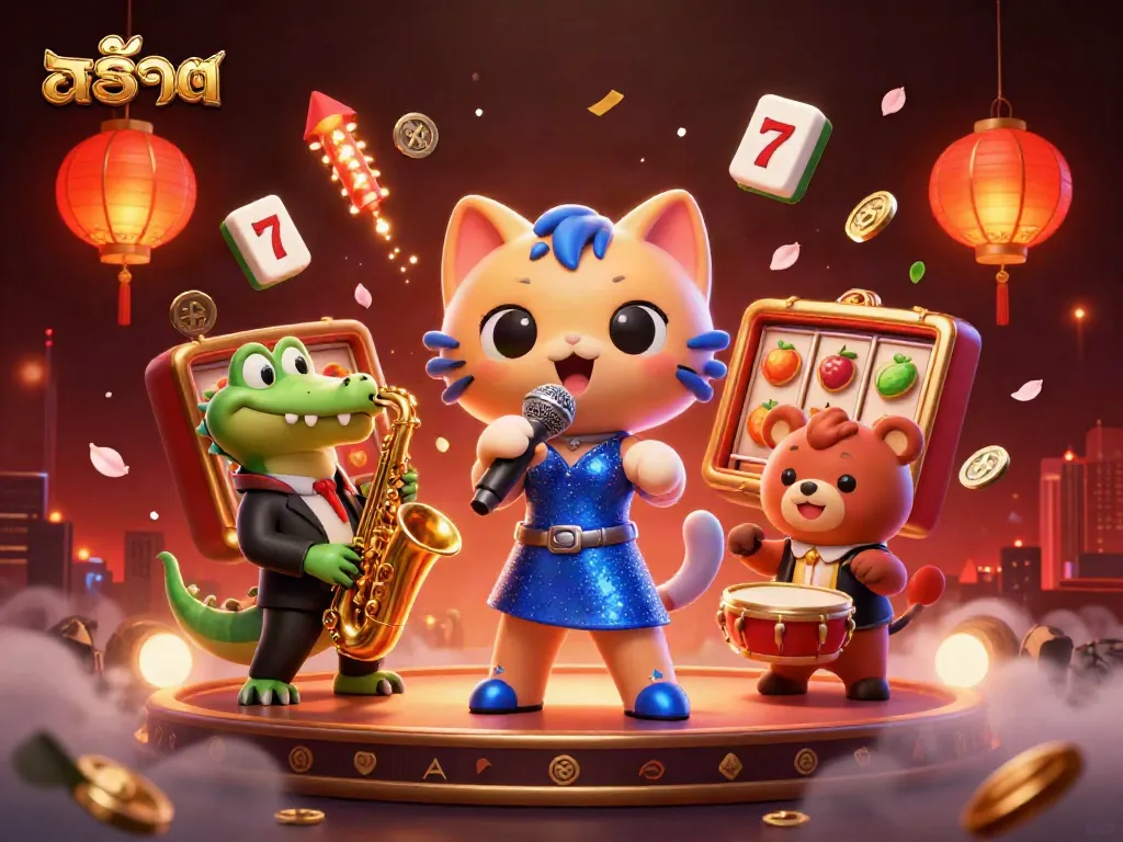 Sink into the thrill of สล็อต gaming with vibrant visuals of a jazzy cat and friends in a dazzling casino.