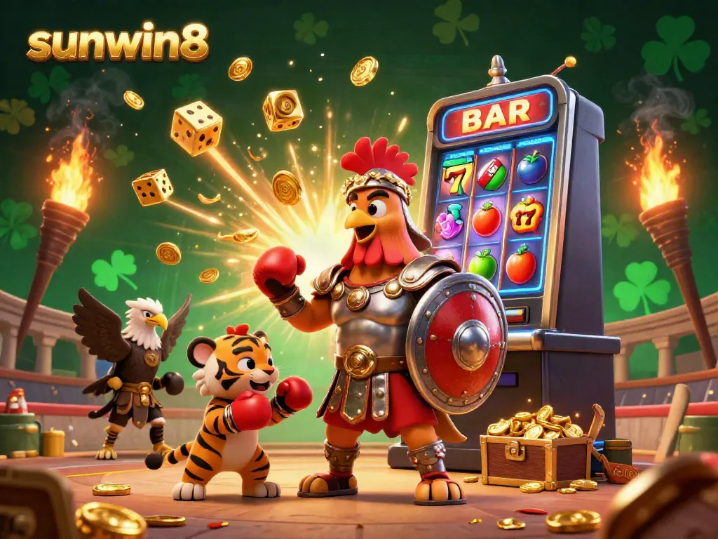 Experience the thrilling casino action of sunwin8 with a dynamic scene featuring a gladiator rooster, jackpot excitement, and a vibrant gaming atmosphere.