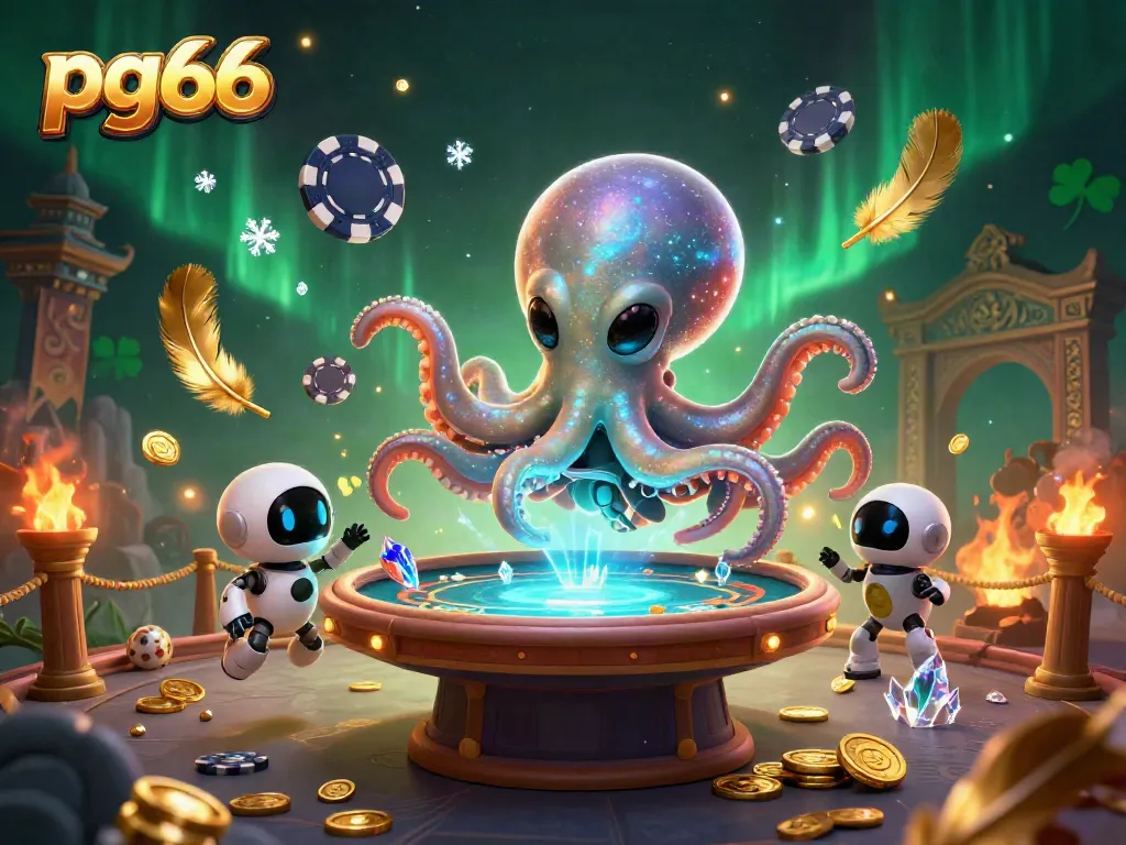 Play exciting poker games at pg66 with our unique alien-themed casino illustration filled with vibrant visuals.