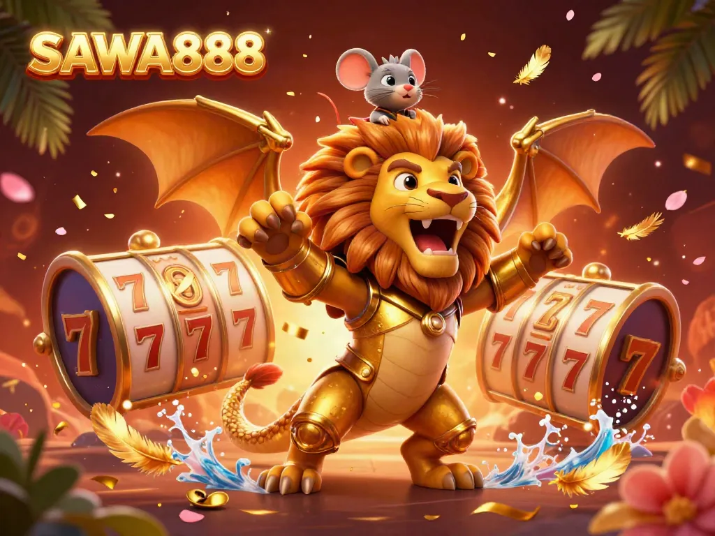 Experience the excitement of SAWA888 with a majestic chimera and spinning slot reels in vibrant casino illustration.
