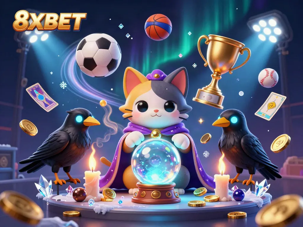 Experience the excitement of 8XBET with unique casino characters amid vibrant sports elements and magical surroundings.