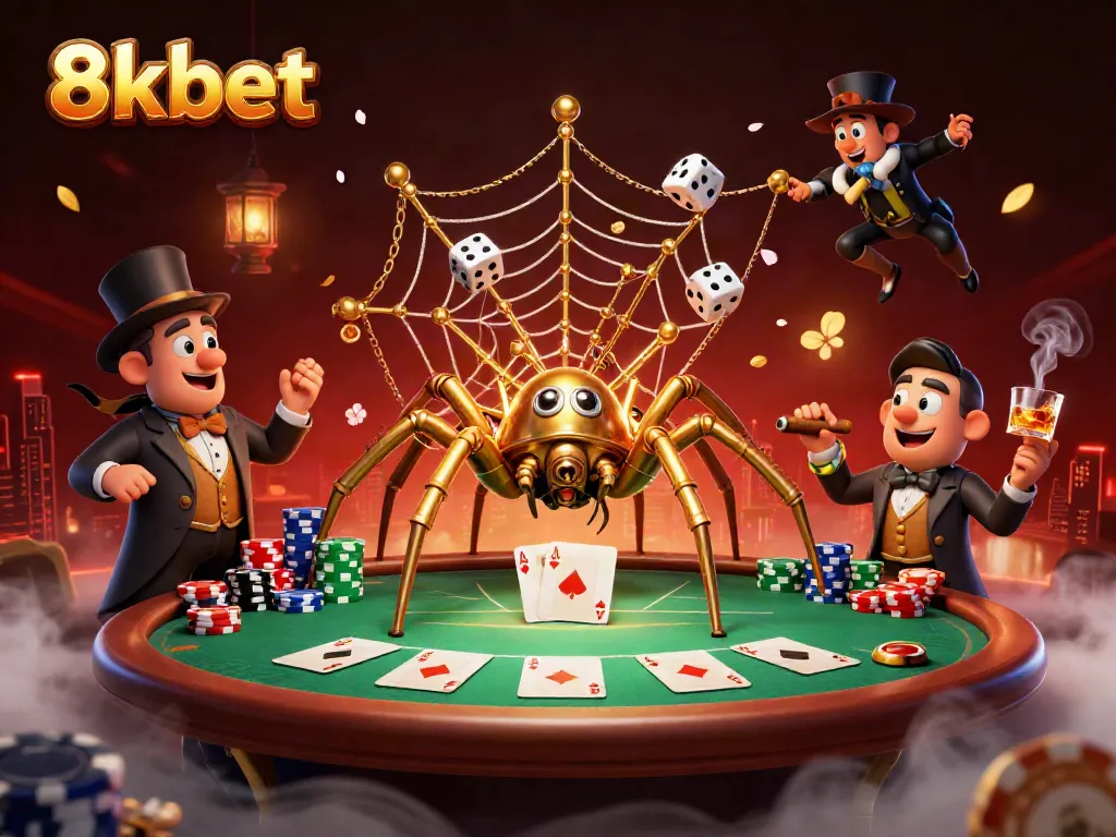 8xbet's steampunk-themed illustration captures a vibrant casino scene with poker chips and rich details.