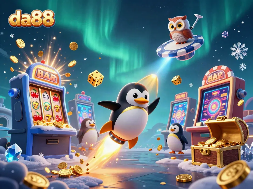 Experience the thrilling gaming world of da88, with a golden penguin launching toward a casino space station, surrounded by vibrant slot machine elements.