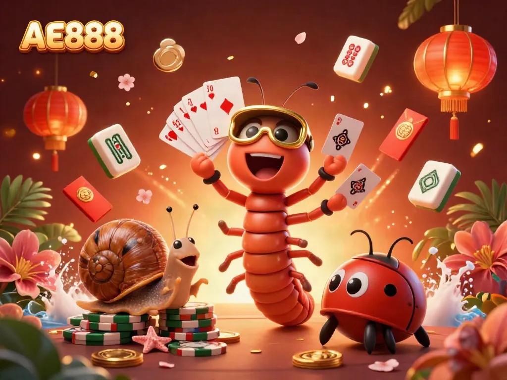 Celebrate winning at AE888 casino with a colorful scene featuring a millipede dealer, snail high-roller, and pill bug in action.