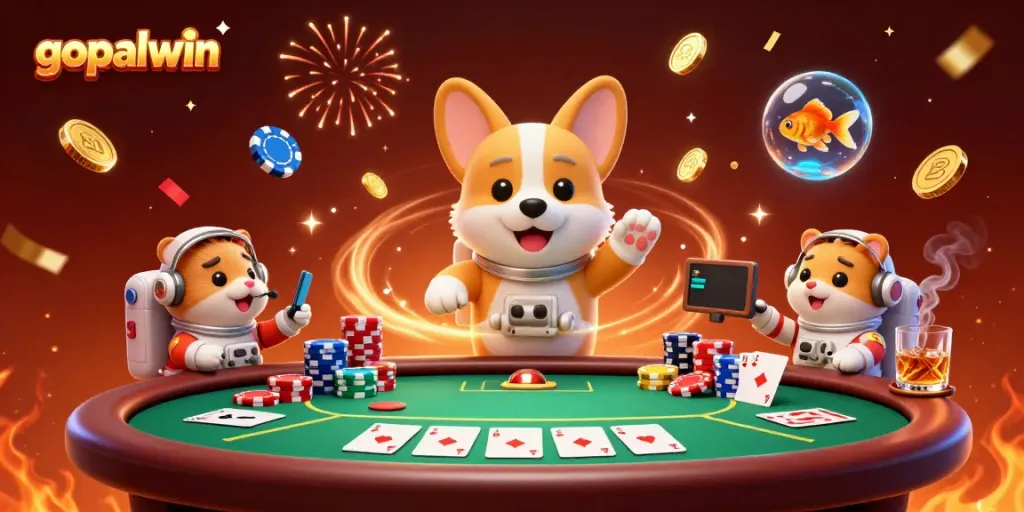 Experience gopalwin excitement with a floating cartoon corgi in a space station casino.