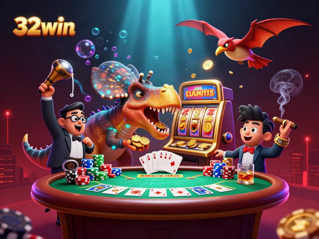 Experience a thrilling jackpot at 32win as characters interact with a golden slot machine in a vibrant casino scene.