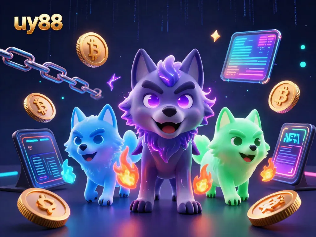 Experience thrilling gaming with uy88's rich 3D visual of cartoon wolves and crypto elements.