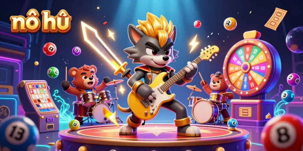 Engaging scene of nổ hũ with a rock star wolf and drummer bear performing on a casino stage, surrounded by dynamic lottery elements.