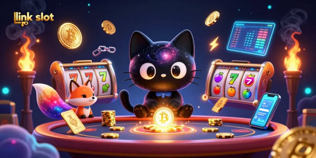 Engage with the thrilling world of link slot games featuring a cosmic scene of vibrant characters and energetic casino elements.