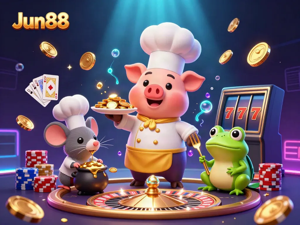 Engage with Jun88's lively atmosphere featuring gold coins, gourmet-themed characters, and exciting casino elements.