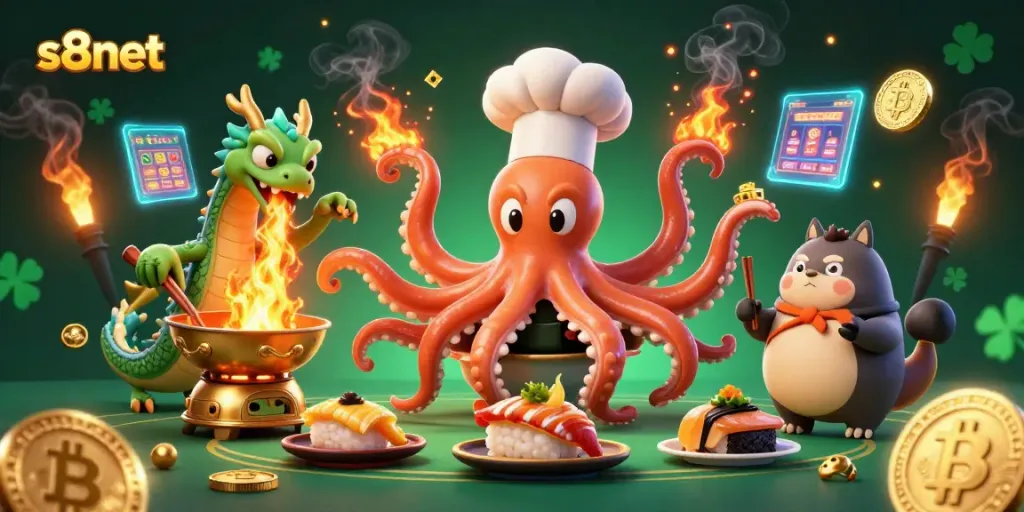 Enjoy spirited wins at s8net with a cartoon chef octopus and gaming elements in a vibrant casino scene