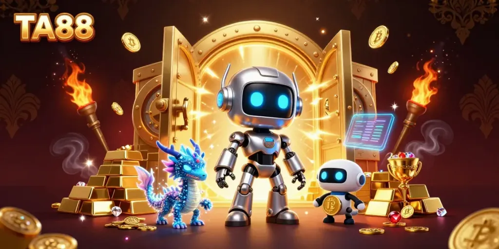 Experience the excitement of TA88 with a high-tech digital illustration featuring dynamic casino elements.