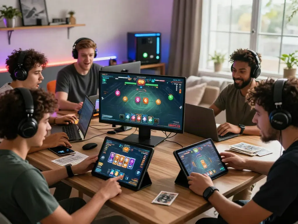 Excited players enjoying online gaming at https://sunwint4.com/ in a vibrant home setup with game graphics.
