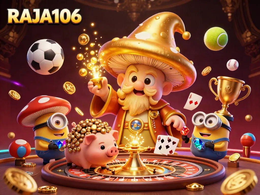 Experience thrilling gameplay at a vivid live casino with RAJA106 featuring magical characters and gold.