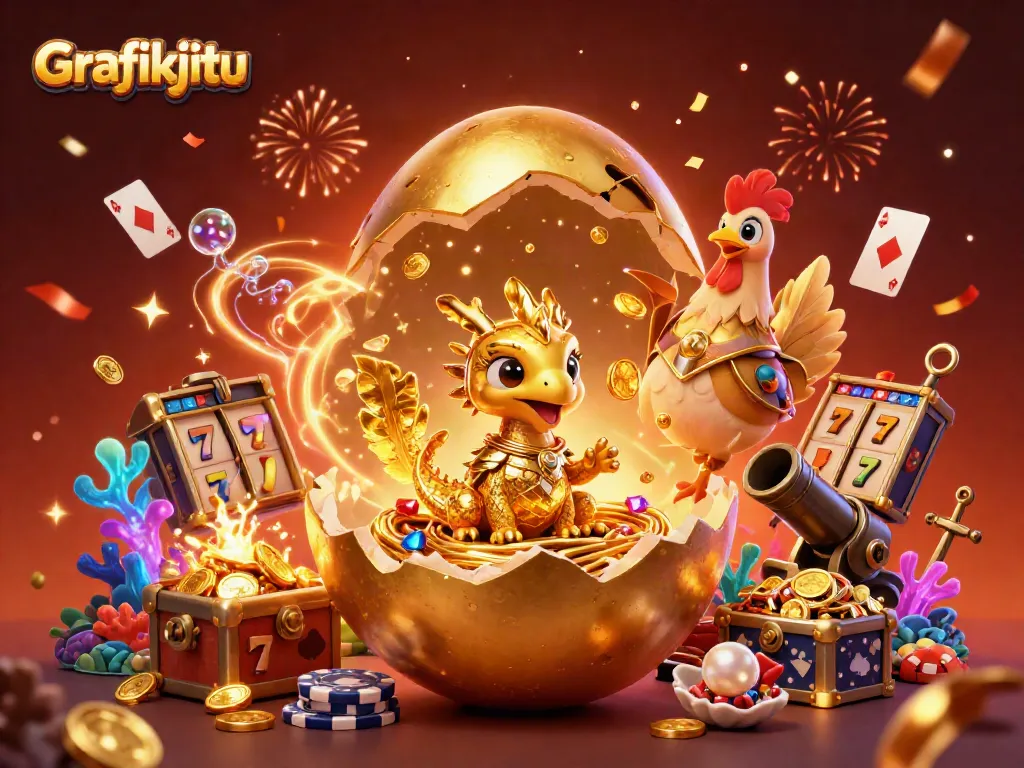 Engage in exhilarating casino action with Grafikjitu's vibrant 3D illustration featuring golden dragon and poker chips.