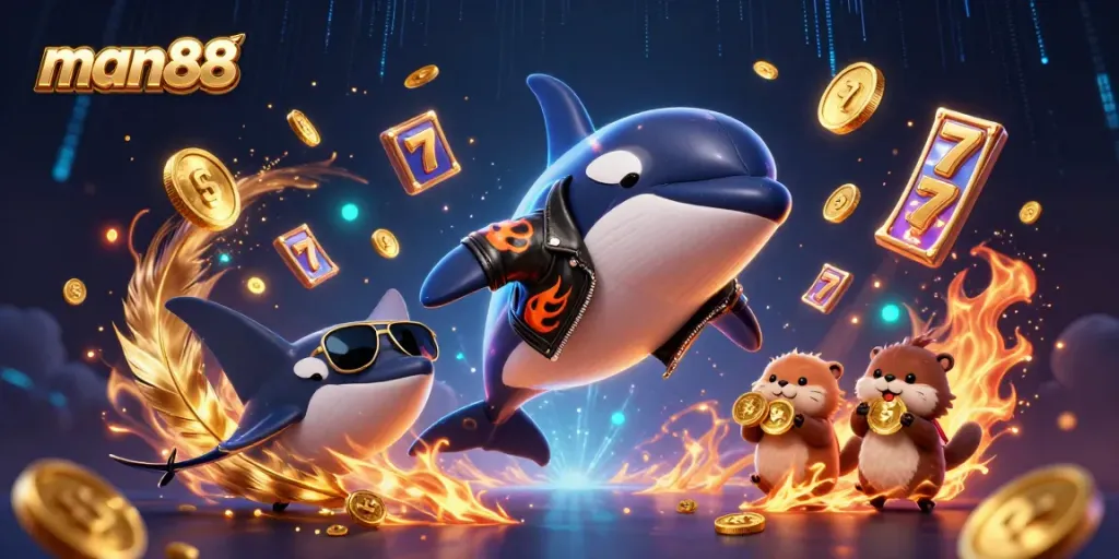 Engage with man88's thrilling slots experience featuring orca, stingray, and otters with coins.