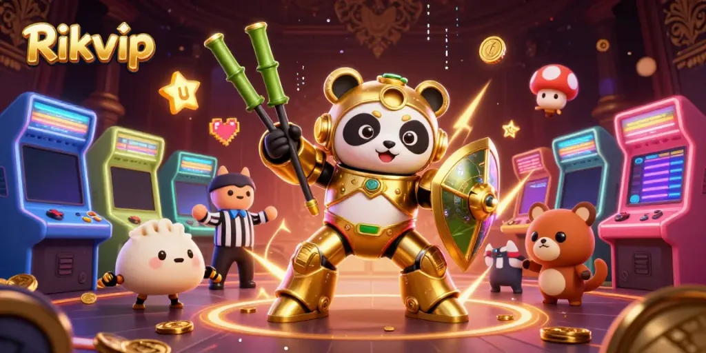 Experience the excitement of Rikvip with a golden panda in a mech-suit battling in a vibrant casino arena.