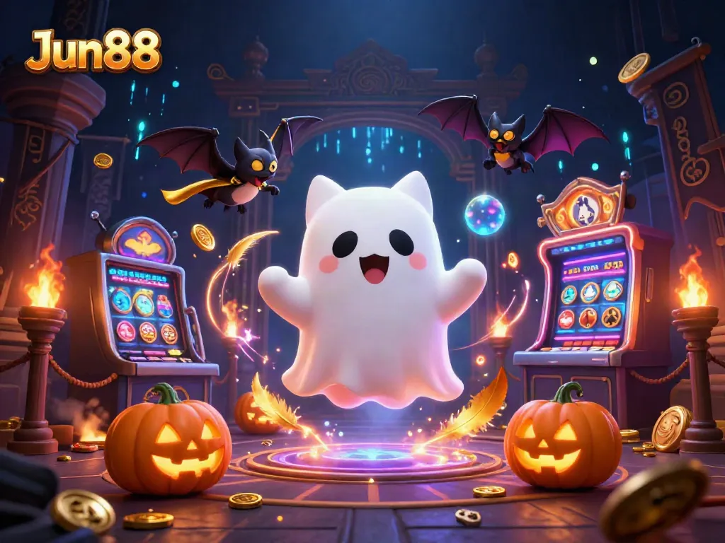 Engage with Jun88's haunted casino experience featuring a ghost cat, vampire bat, and glowing jack-o-lanterns.