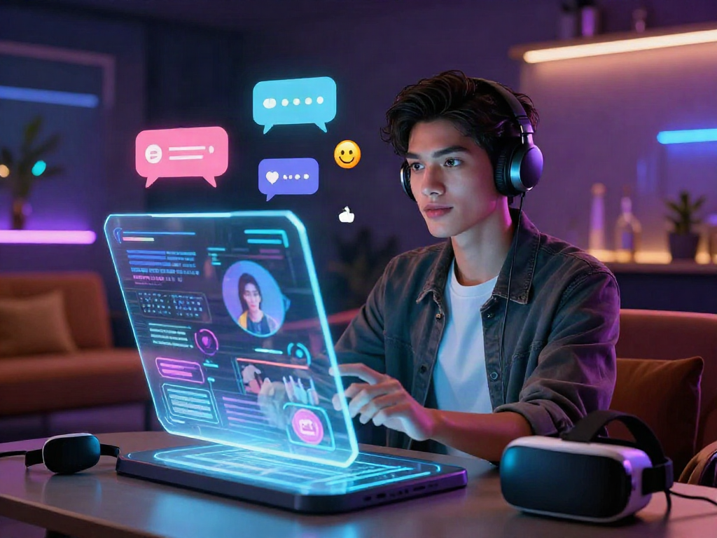Engaging AI chat nsfw environment featuring futuristic holographic elements and stylish avatar interaction.