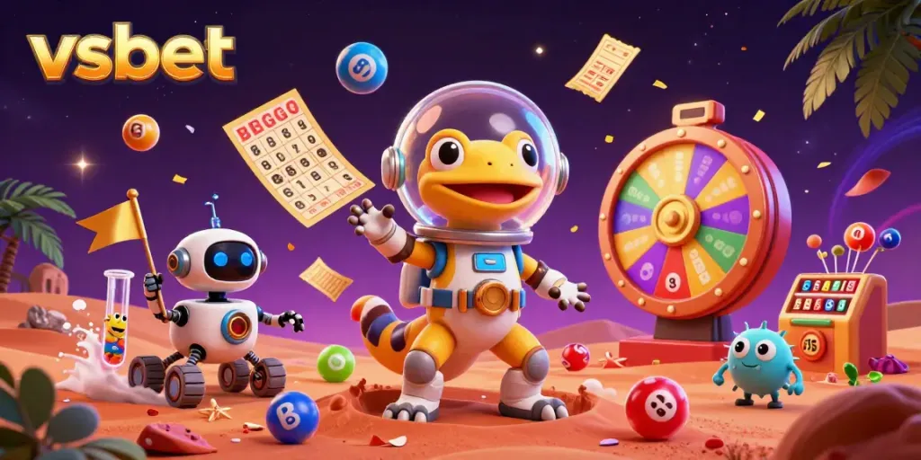 Experience exciting gameplay at vsbet with a Martian gecko and casino elements in vibrant colors.