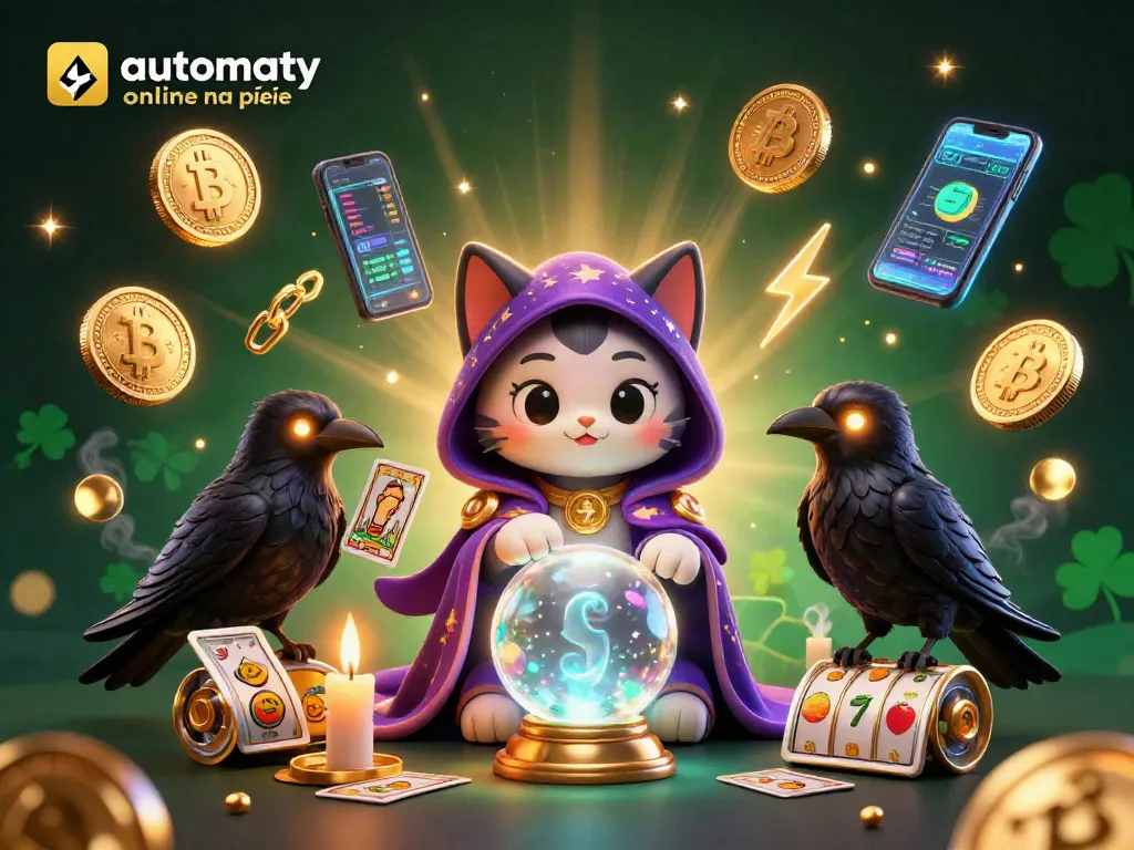 Play automaty online na pieniądze with a mystical cat, raven, and vivid crypto elements in an enchanting casino scene.
