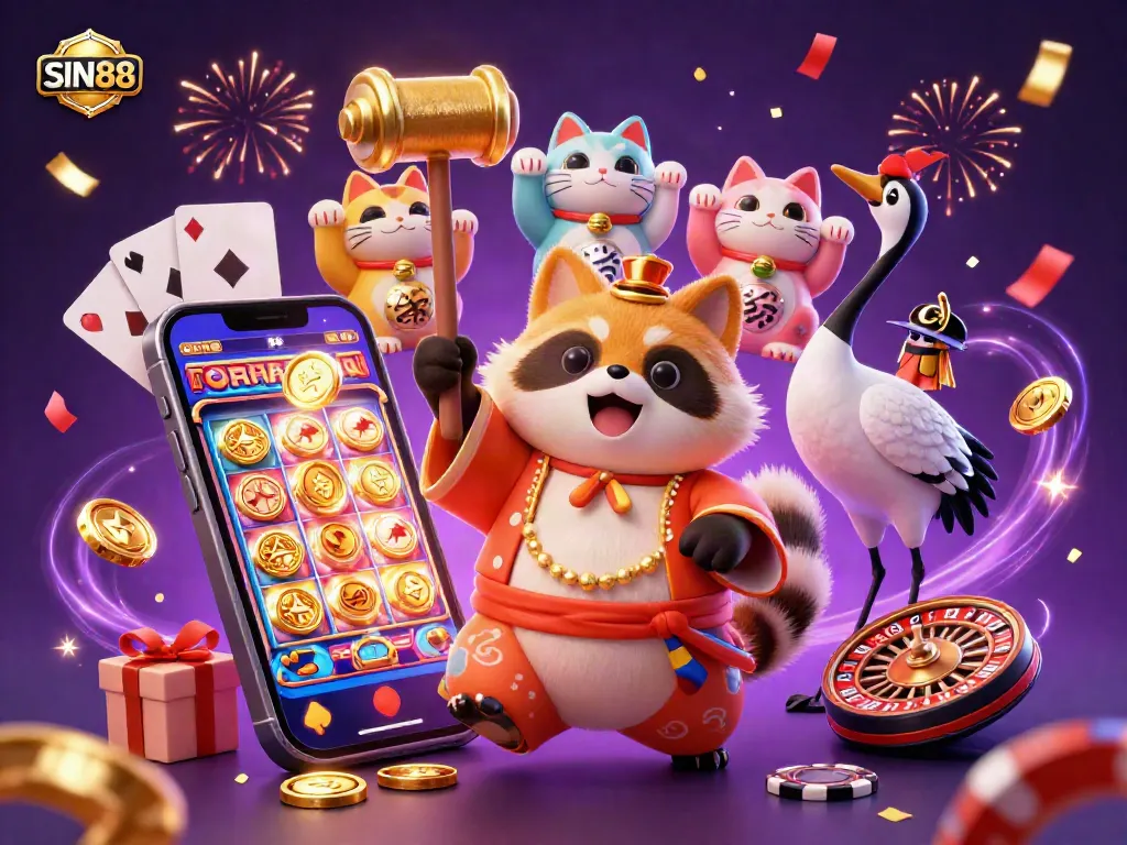 SIN88 celebrates with a cheerful tanuki and fortune cats in a vibrant casino setting featuring slot games and festive elements.