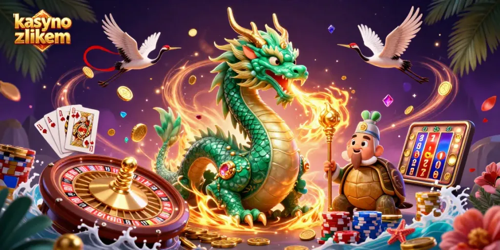 Experience the vibrant action of kasyno z blikiem with cascading coins, a dragon, and colorful casino elements.